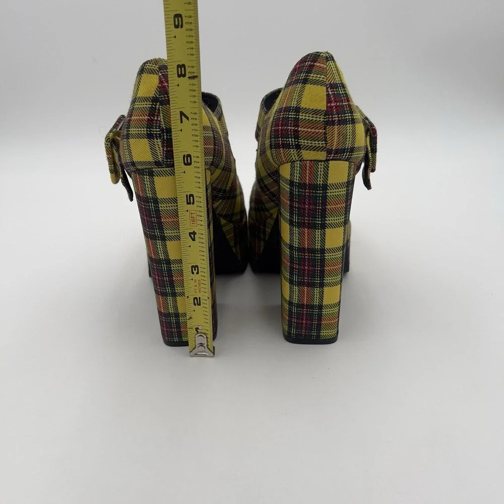 Bamboo Yellow Plaid Platform Mary Jane Round Toe Buckle Strap Heels Women's 6.5